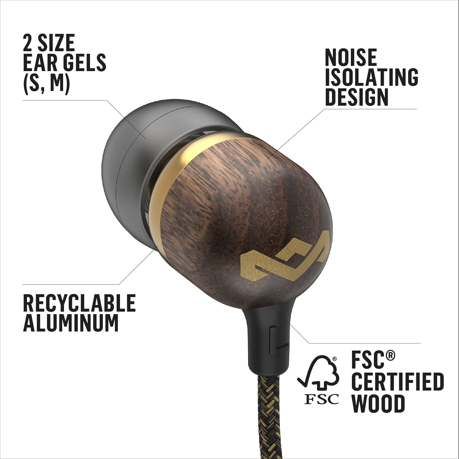Smile Jamaica AUX Wired Earbuds with Microphone, Noise-Isolating In-Ear Headphones, Tangle-Resistant Cable, 3.5Mm Jack Sustainable (Brass)